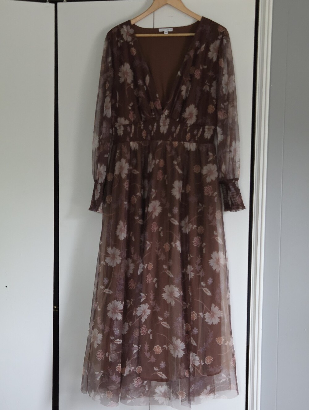 Baltic Born Brown Floral Mesh V-Neck Long Sleeve Dress